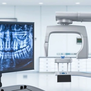 Modern digital X-ray machine with patient examination table in clean bright diagnostic radiology hospital clinic